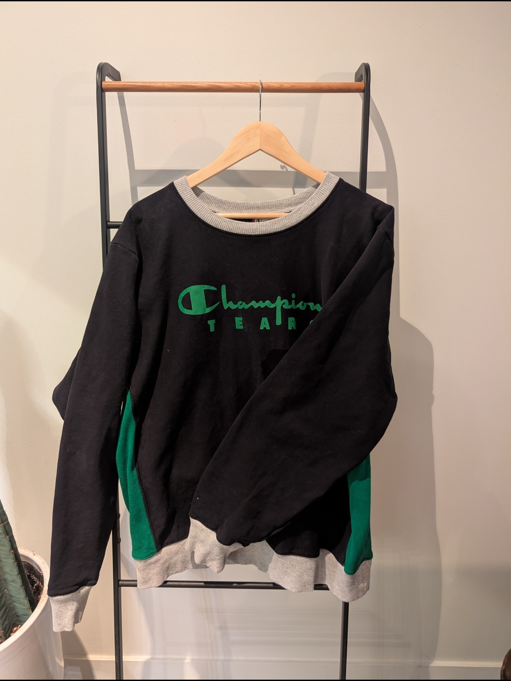 Champion Black Crewneck Sweater with Green Logo & Panels